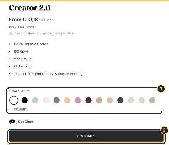 Product page with the color swatches and the Customize button highlighted