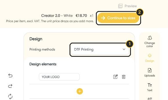Printing method selector and the Continue to sizes button highlighted