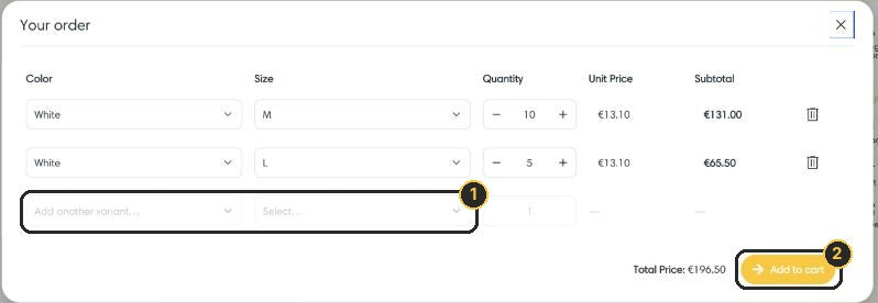 Your order panel with two size lines, Add another variant and Add to cart highlighted