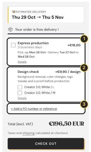 Cart options: Express production, Design check and PO number highlighted