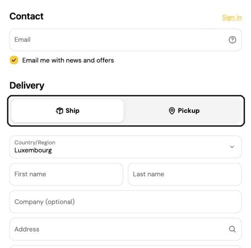 Checkout page with the Ship and Pickup options highlighted