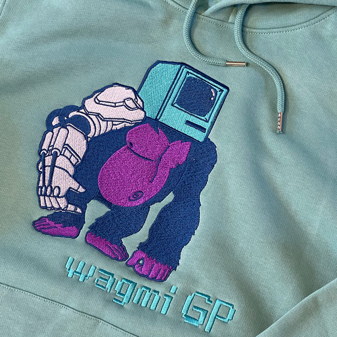 Light blue hoodie with a robot and computer design and 'wagmi GP' embroidered text.